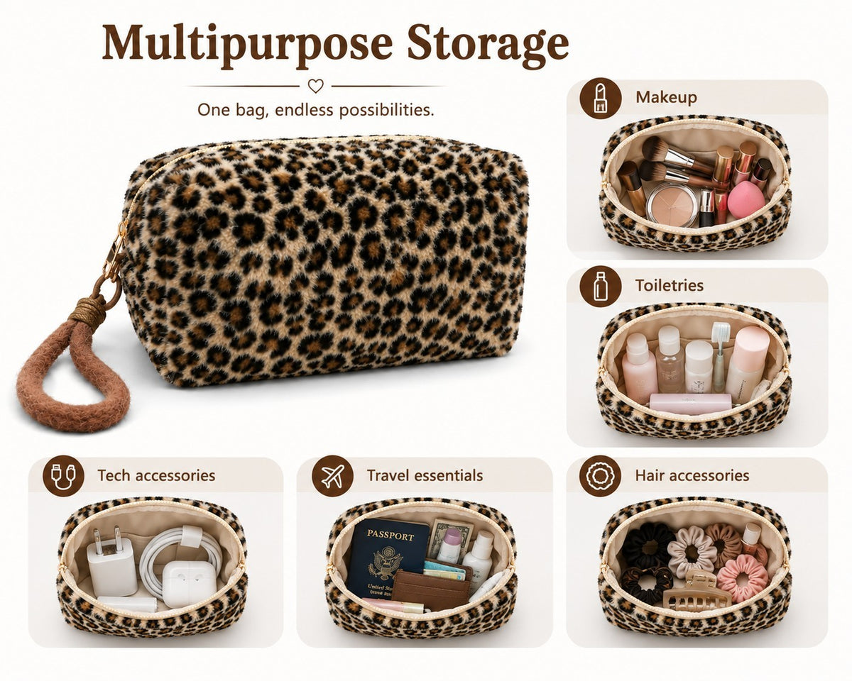 Leopard Plush Cosmetic Travel Toiletry Makeup Bag with Wristlet - Beige