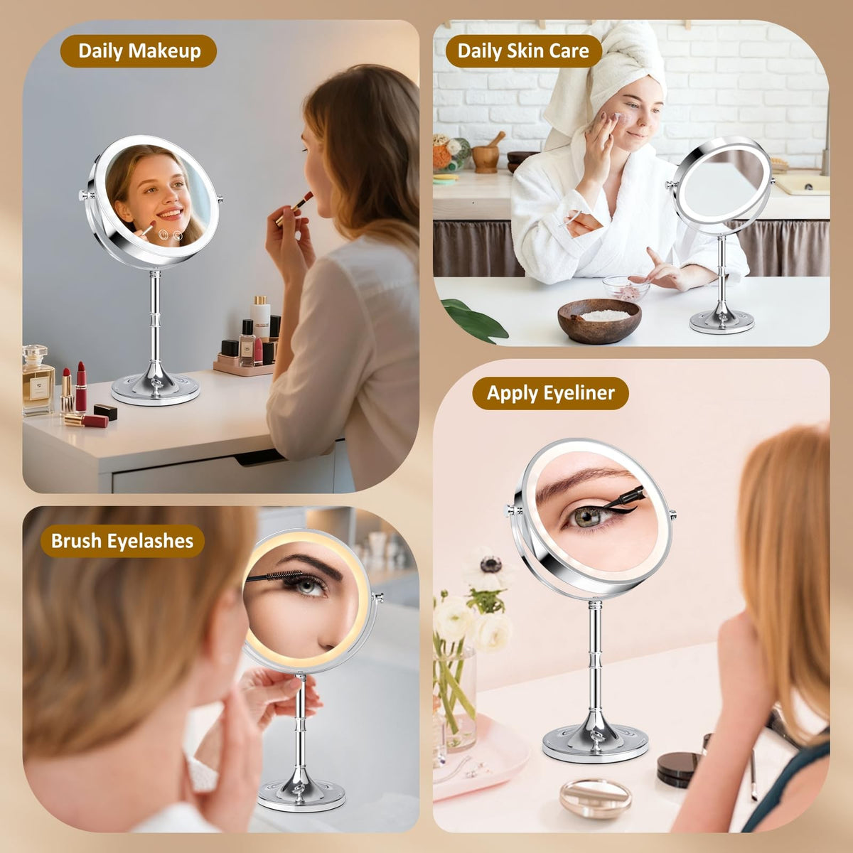 Rechargeable Double Sided Vanity Mirror with Lights 1x/10x Magnification