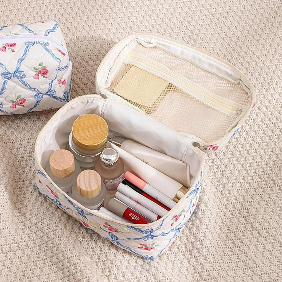 Large Floral Cotton Quilted Makeup Bag - Travel Cosmetic Organizer