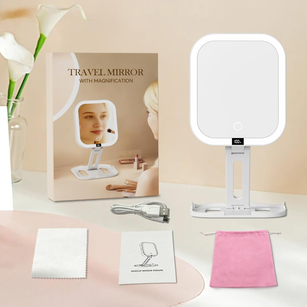 Travel Makeup Mirror with 1X/10X Magnification, Dimmable LED Touch Screen, Rechargeable