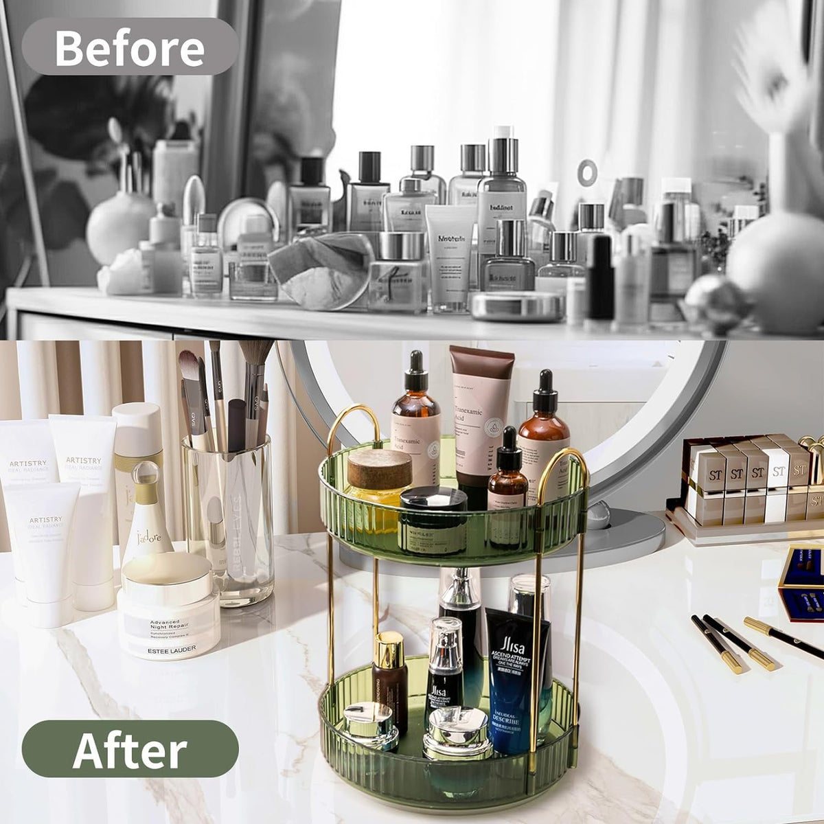 360° Rotating Makeup Organizer for Vanity with 2 Large Capacity Tiers