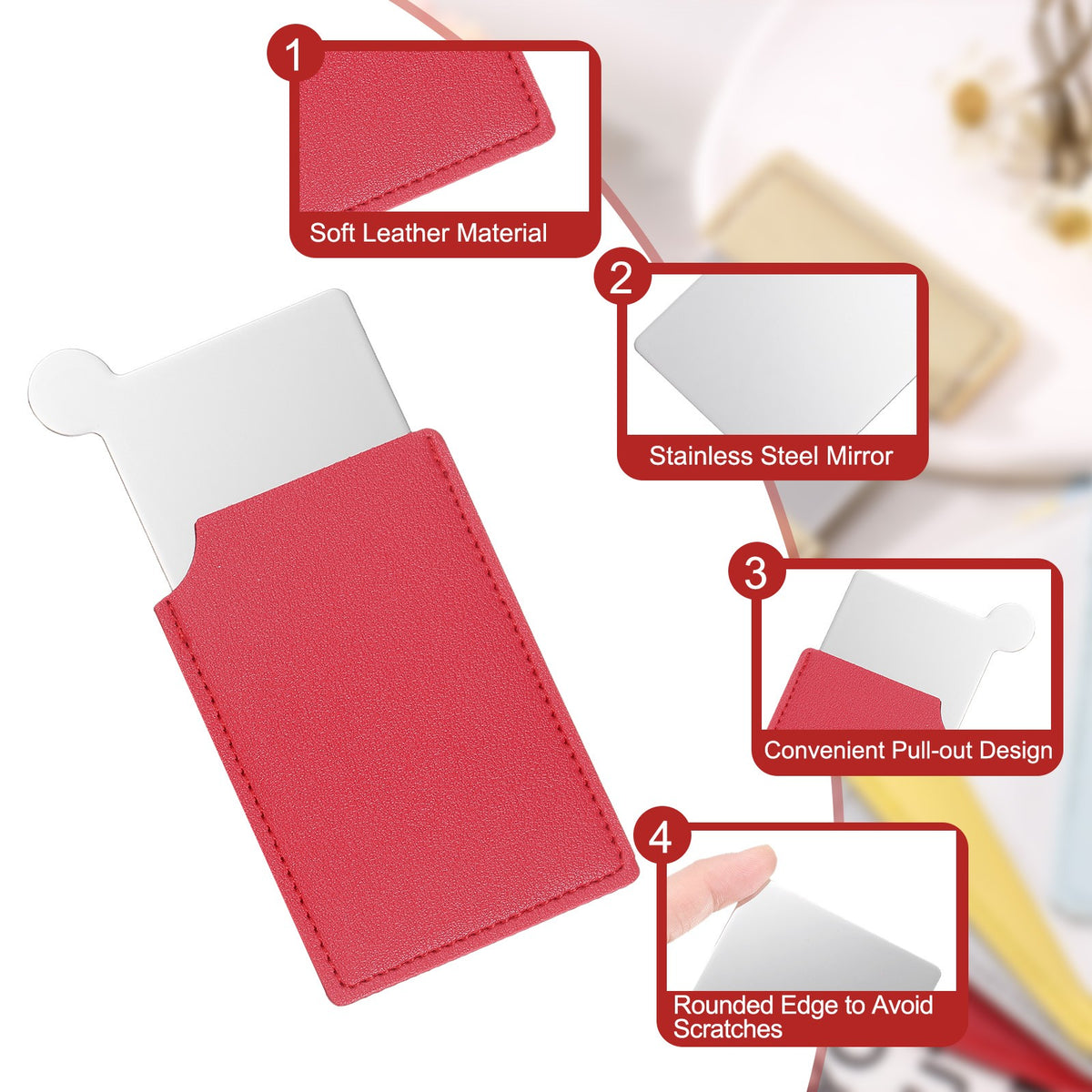 Pocket Travel Mirror Stainless Steel Compact with PU Leather Cover - Red