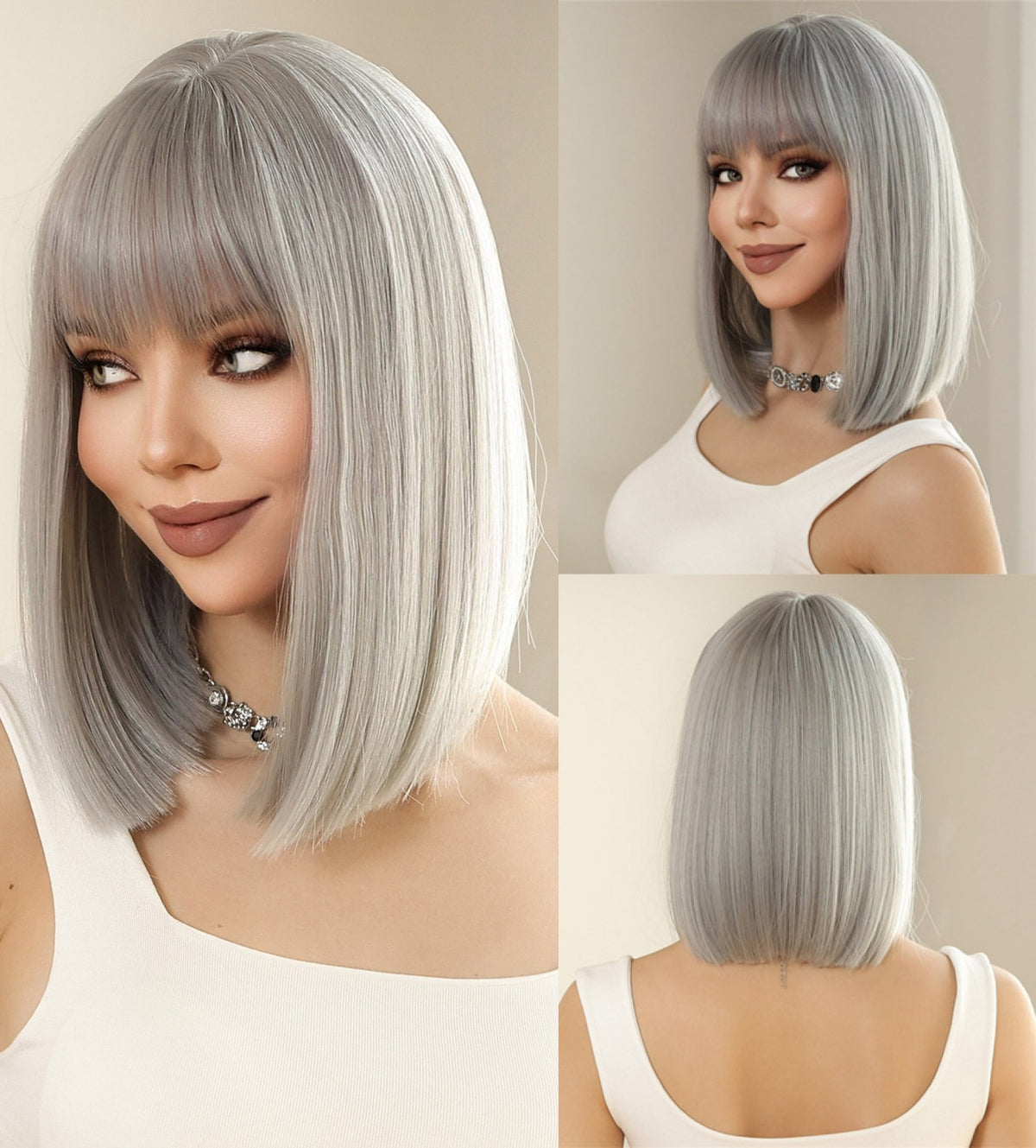 Gray Synthetic Wig with Bangs - Straight Bob Style Heat Resistant Hair