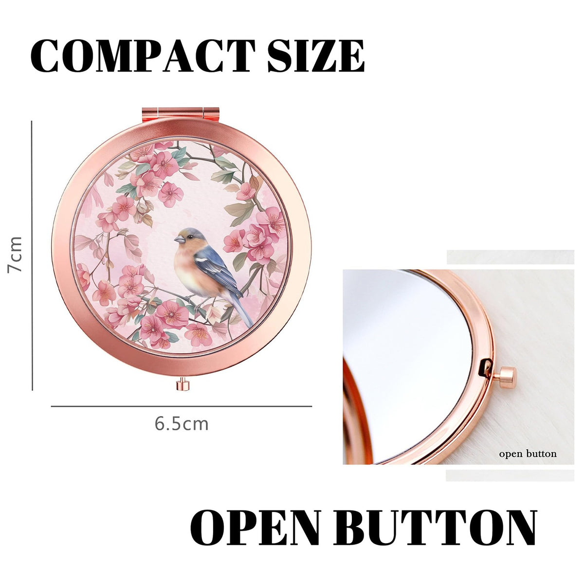 Rose Gold Compact Mirror with 2x Magnification for Women - Portable Bird Watercolour Design