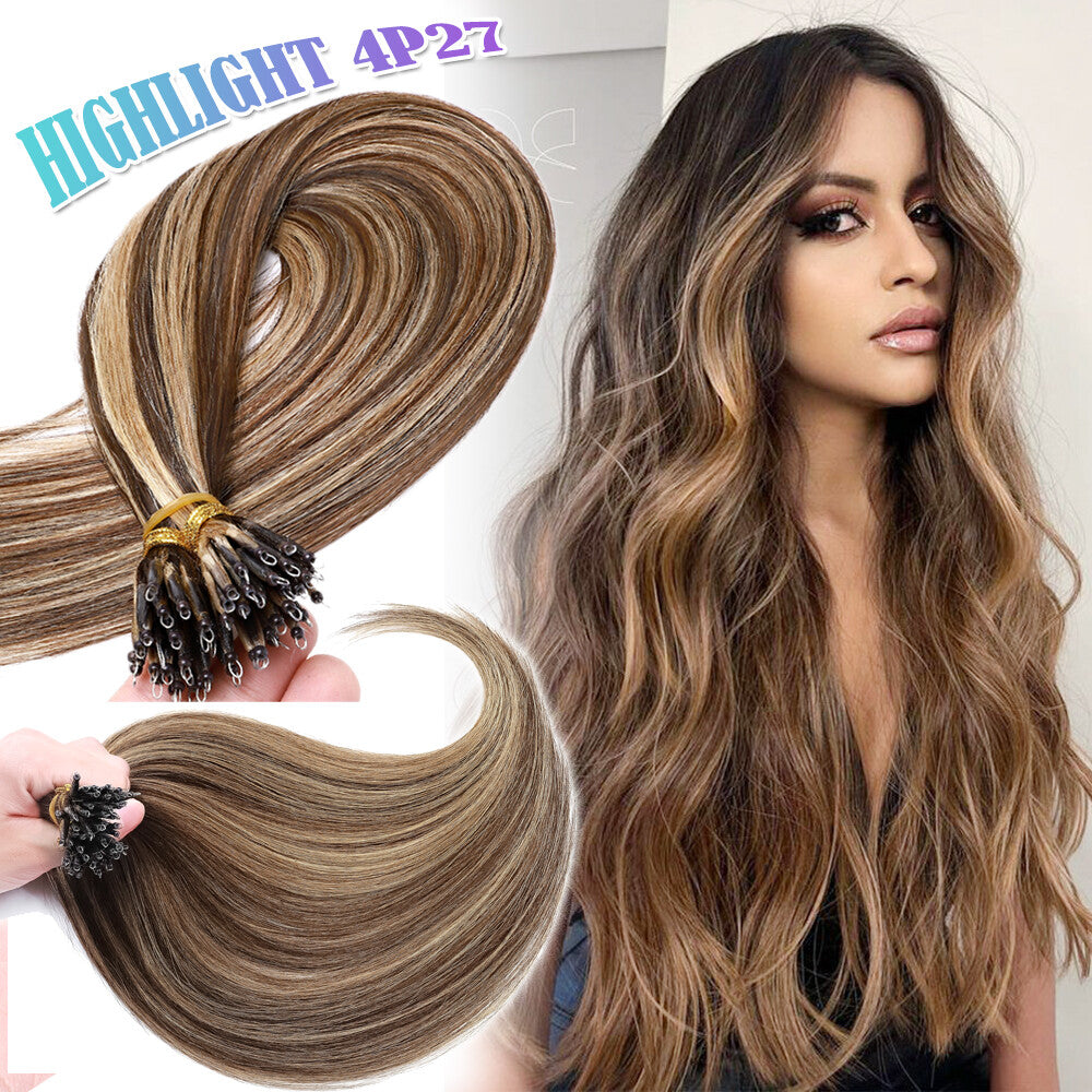 Thick Remy Human Hair Extensions Nano Ring Micro Loop Beads Caramel