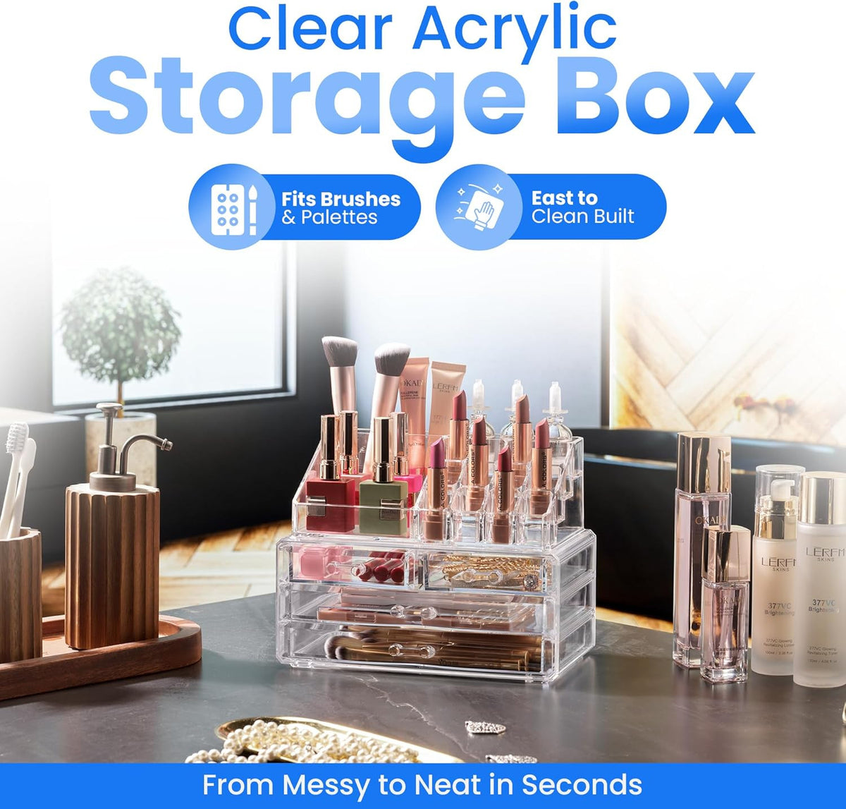 Clear Makeup Organizer with 4 Drawers & 16 Compartments for Vanity Storage