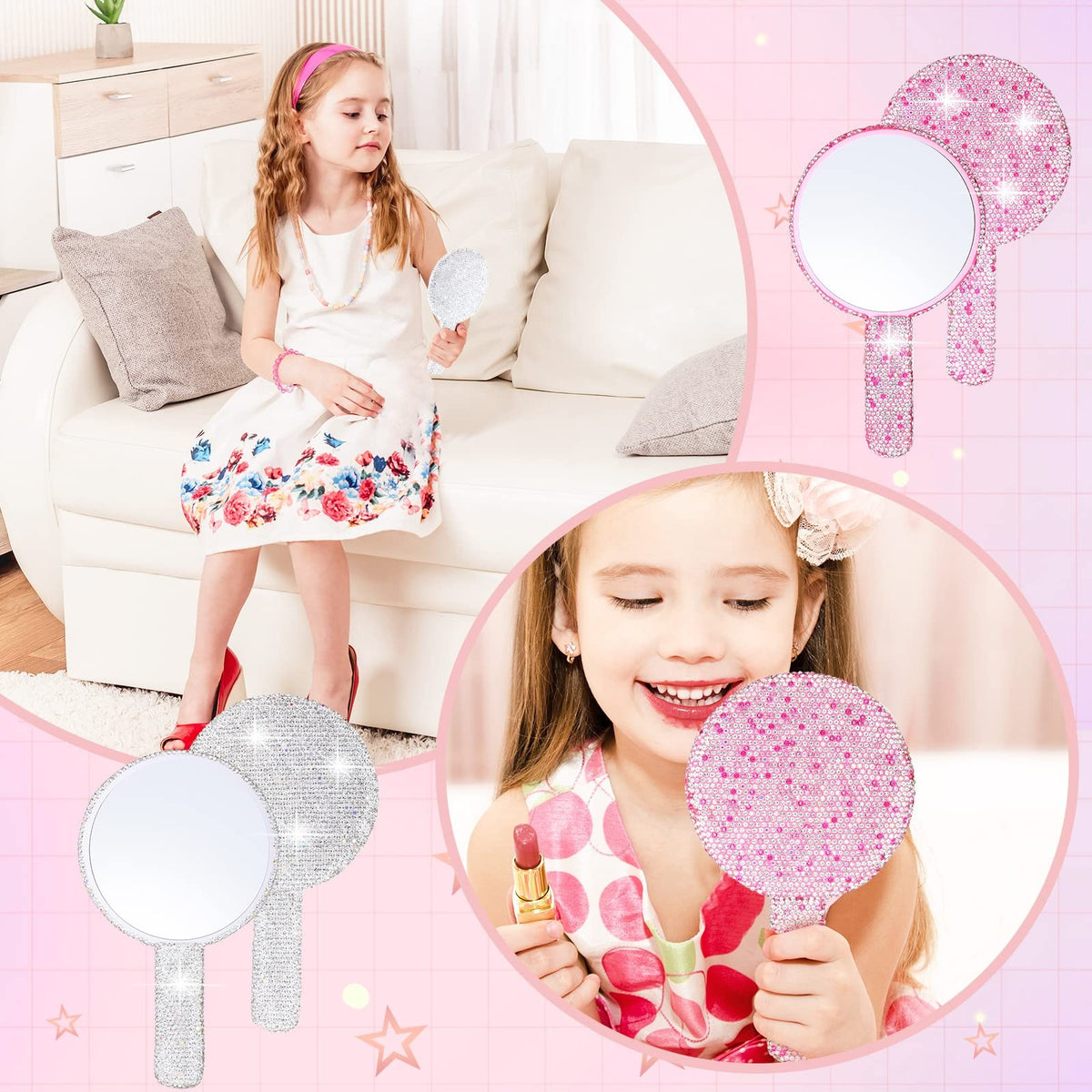 2-Piece Rhinestone Hand Mirror Set Pink White Bling Wedding Makeup Accessories