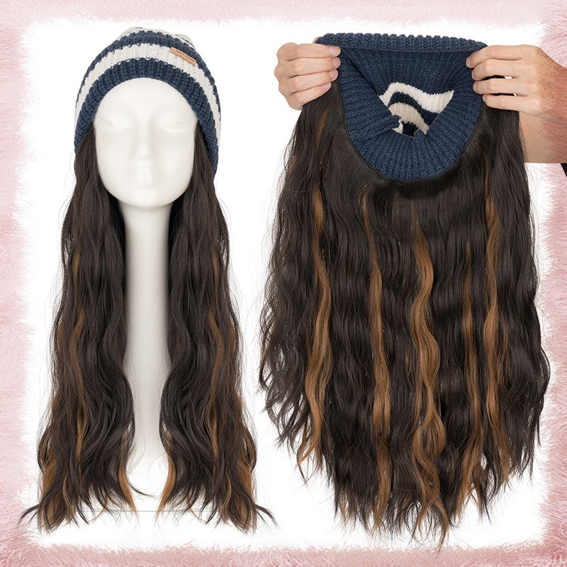 Women Knitted Wavy Wig Winter Beanie Hat - Long Curly Synthetic Hair