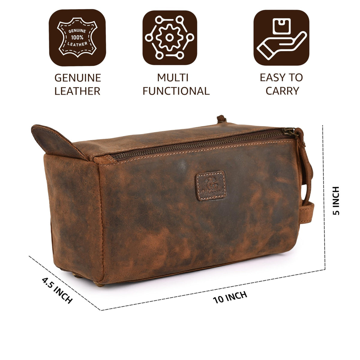 Genuine Leather Travel Toiletry Bag - Water-Resistant Dopp Kit for Men & Women