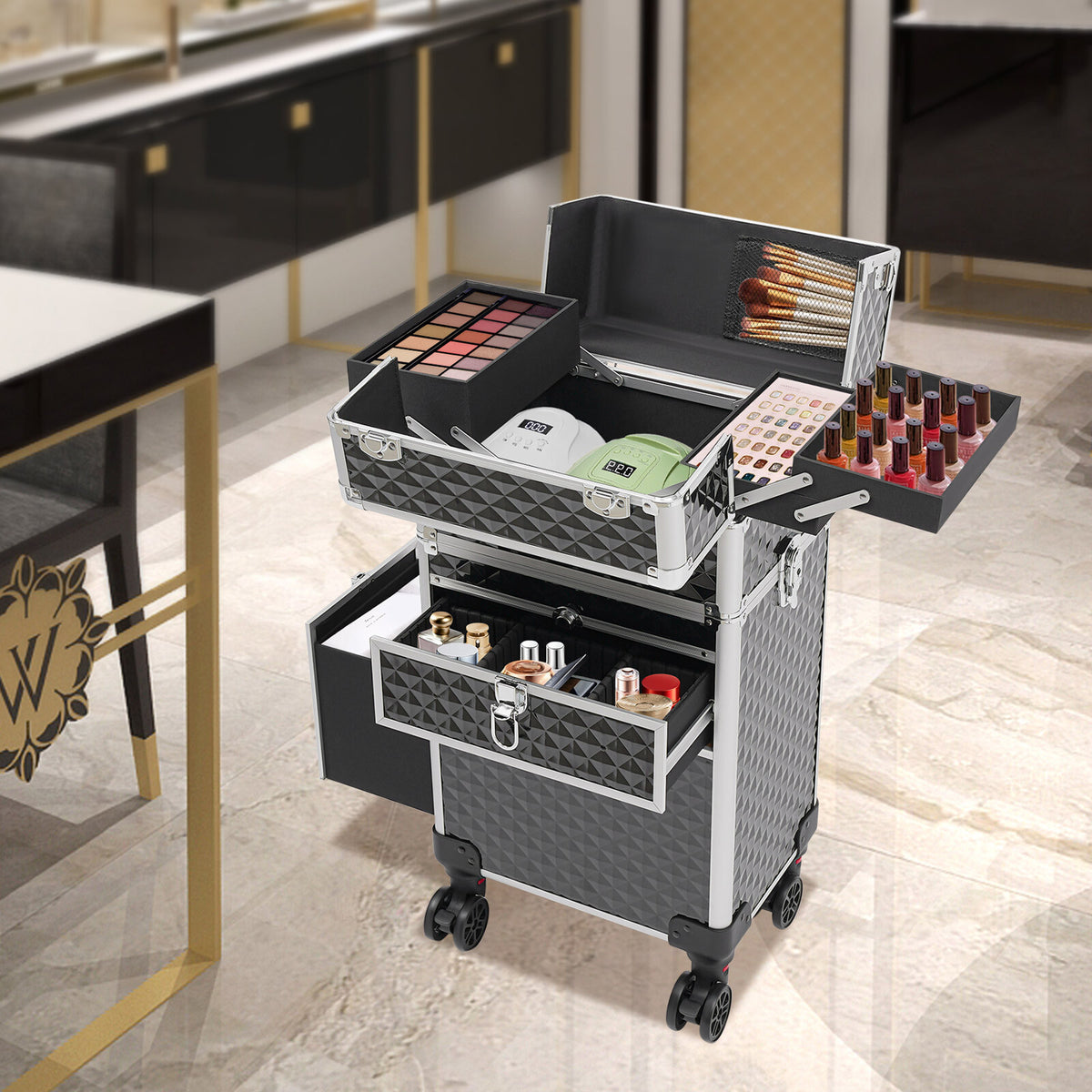Rolling Makeup Case with Large Capacity & Multi-Tier Storage – Travel Cosmetic Trolley