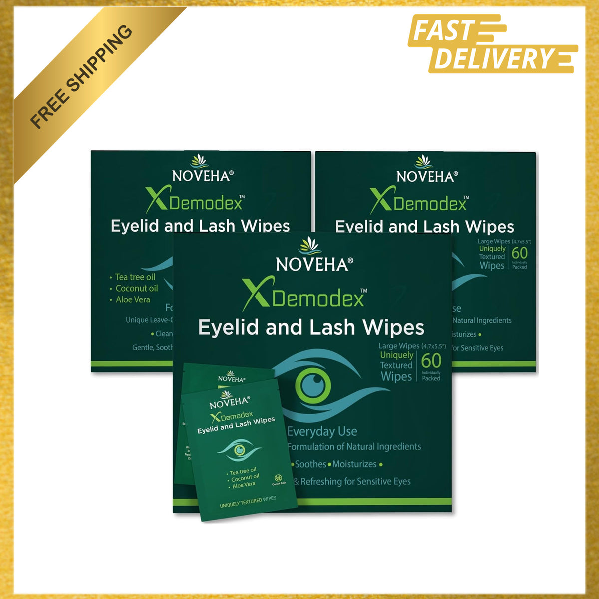 Eyelid and Lash Wipes - Demodex Treatment, 60 Individually Wrapped Extra-Strength Cleansing Wipes