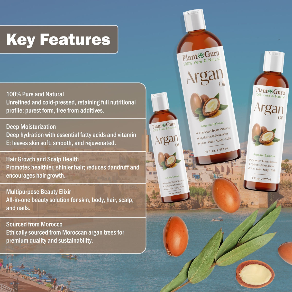 Pure Argan Oil for Hair and Skin - 8 oz, Cold Pressed, Unrefined Moroccan Oil