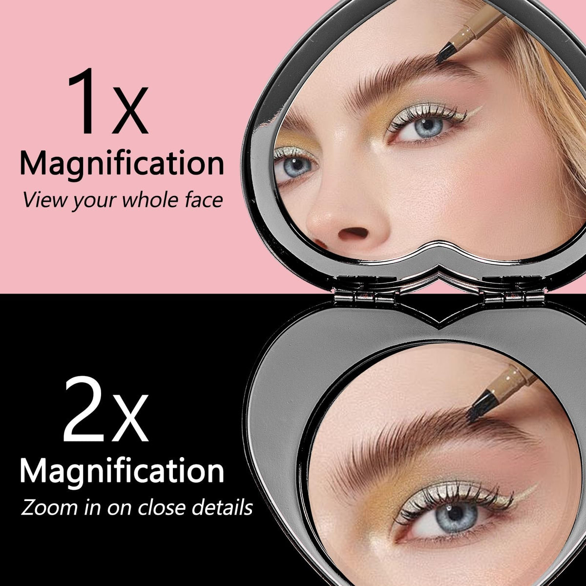 Heart-Shaped Mini Portable Folding Mirror with 1X/2X Magnification