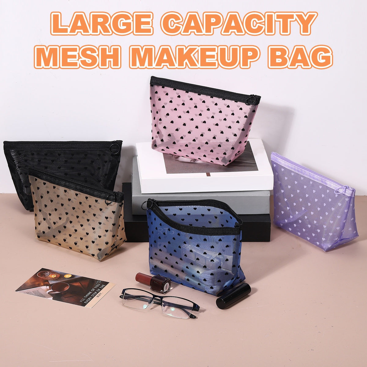 2 Pack Mesh Makeup Bags with Heart Print - Portable Cosmetic Organizer