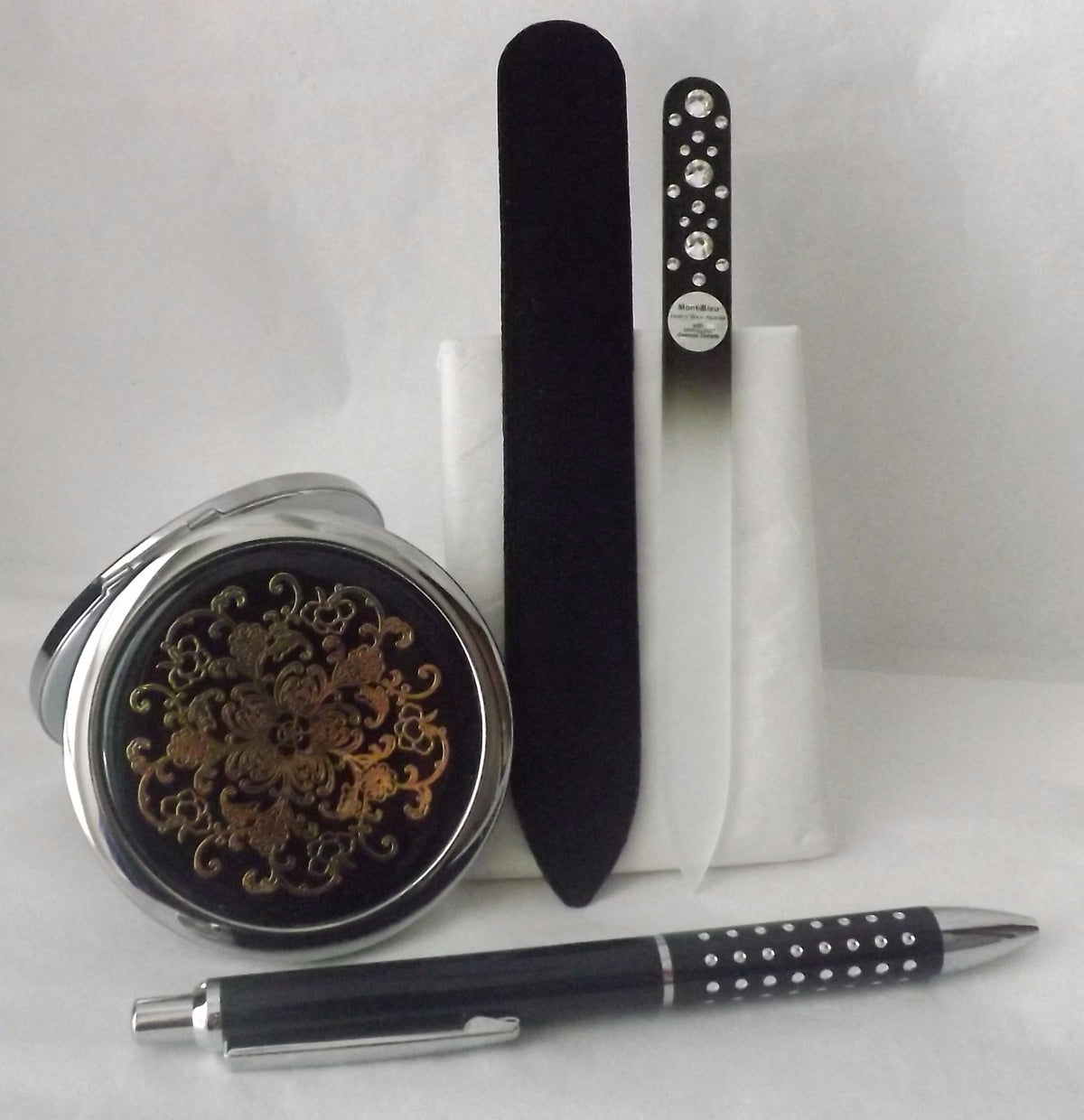 Dual Sided Compact Mirror with Pen & Czech Glass Nail File Gift Set