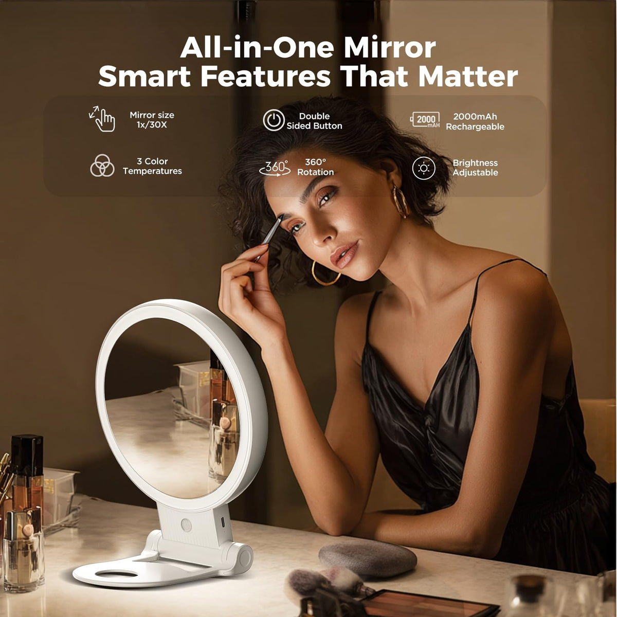 Lighted Double-Sided Makeup Mirror with 30X Magnification & Adjustable Brightness