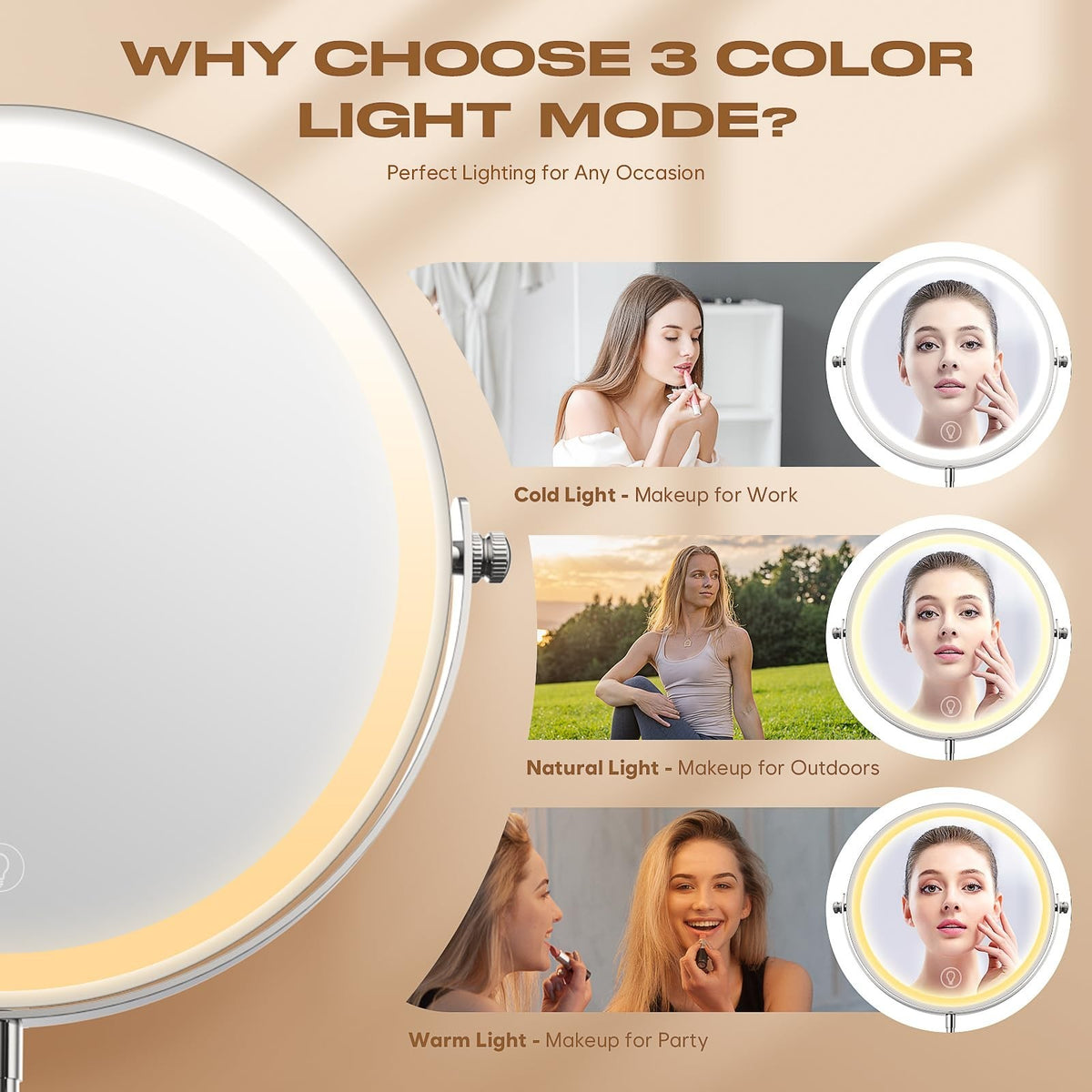 Lighted Makeup Mirror with 1X/20X Magnification, 360° Rotation, Rechargeable LED