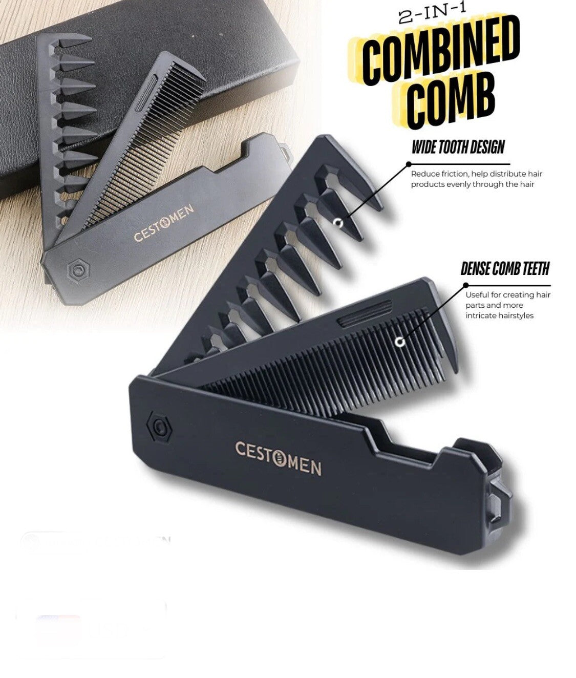 2-in-1 Foldable Anti-Static Beard and Hair Travel Comb - Durable Pocket Brush