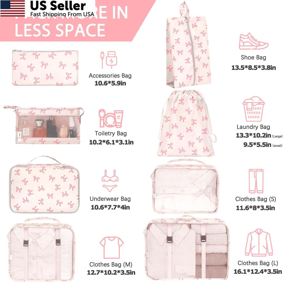 Travel Packing Cubes Set with Multiple Sizes and Accessories - Pink Bow