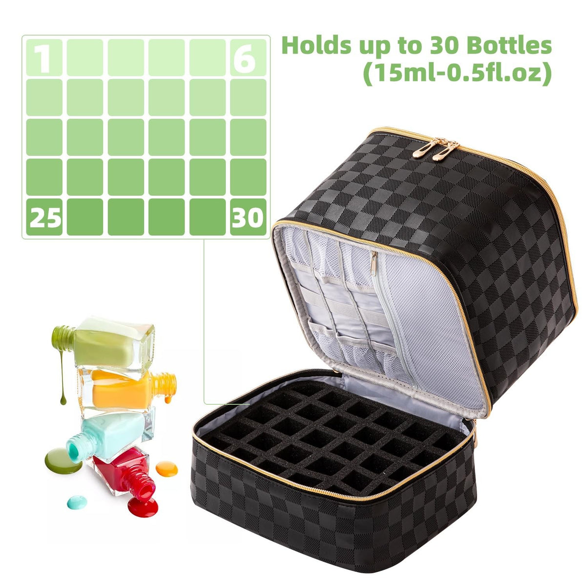 Checkered Black Nail Polish Organizer Bag 15ml Holds 30 Bottles Travel Case