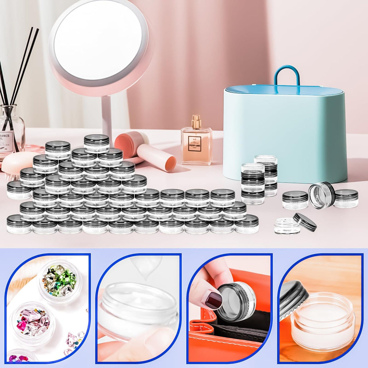100pcs 5g Reusable Plastic Cosmetic Sample Containers with Black Lids