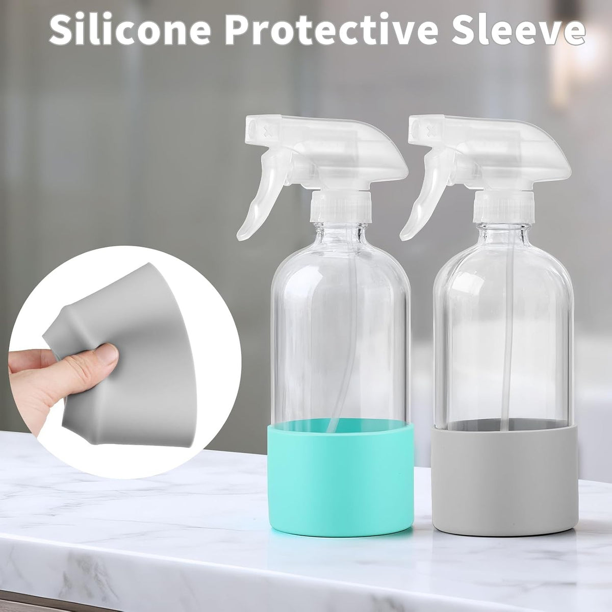 16oz Glass Spray Bottles with Silicone Sleeve - Refillable & Leak-Proof