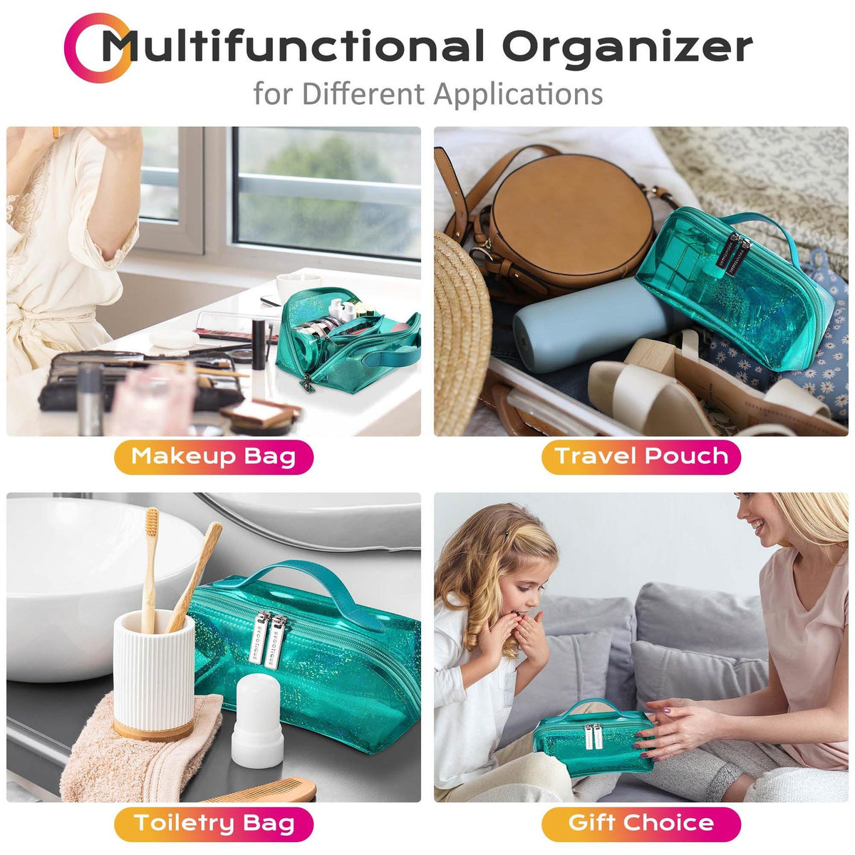 Portable Makeup Bag Waterproof PVC Travel Organizer with Wide Open Design - Green