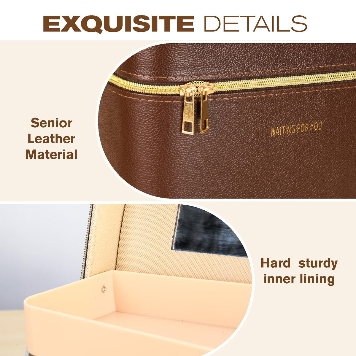 Luxury Leather Makeup Case with Mirror - Portable Brown Cosmetic Organizer