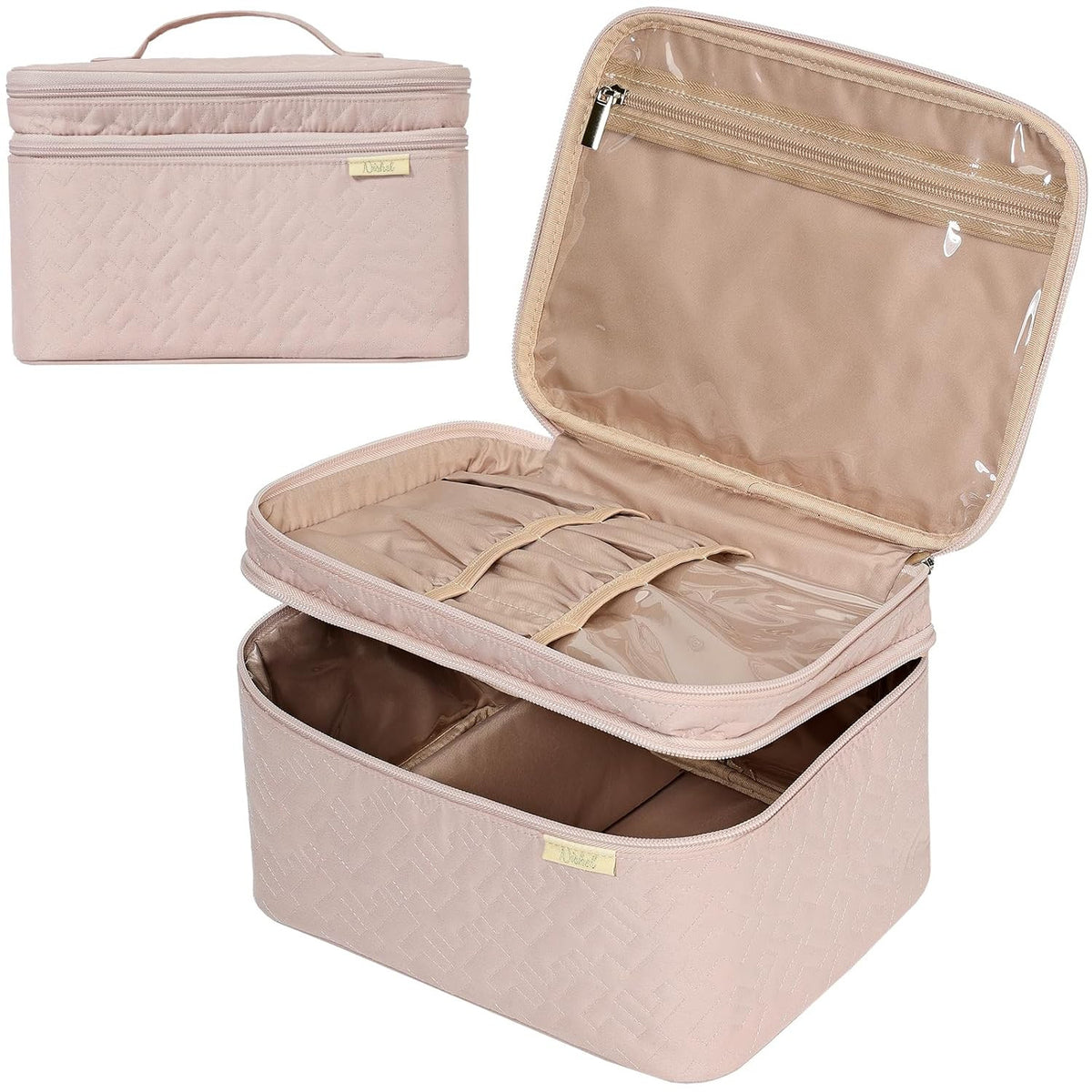 Double Layer Makeup Bag Organizer Travel Cosmetic Case with Adjustable Dividers