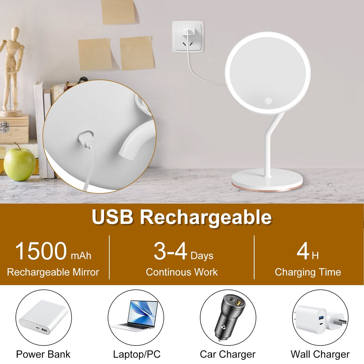 Dimmable 5X Lighted Makeup Mirror with 3 Light Colors & 360° Rotation