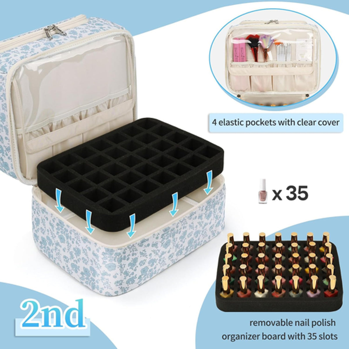 Travel Nail Polish Organizer Case with 45 Bottle Capacity & Nail Lamp