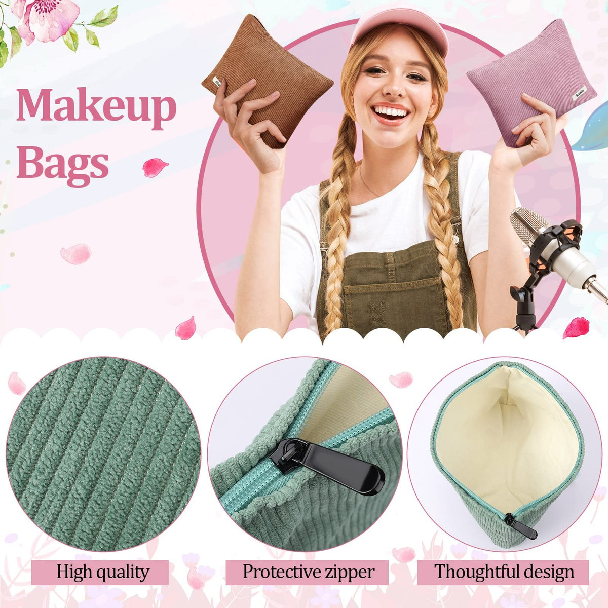 Large Corduroy Makeup Bag Set - 12 Color Travel Cosmetic Pouches 10x7 Inches
