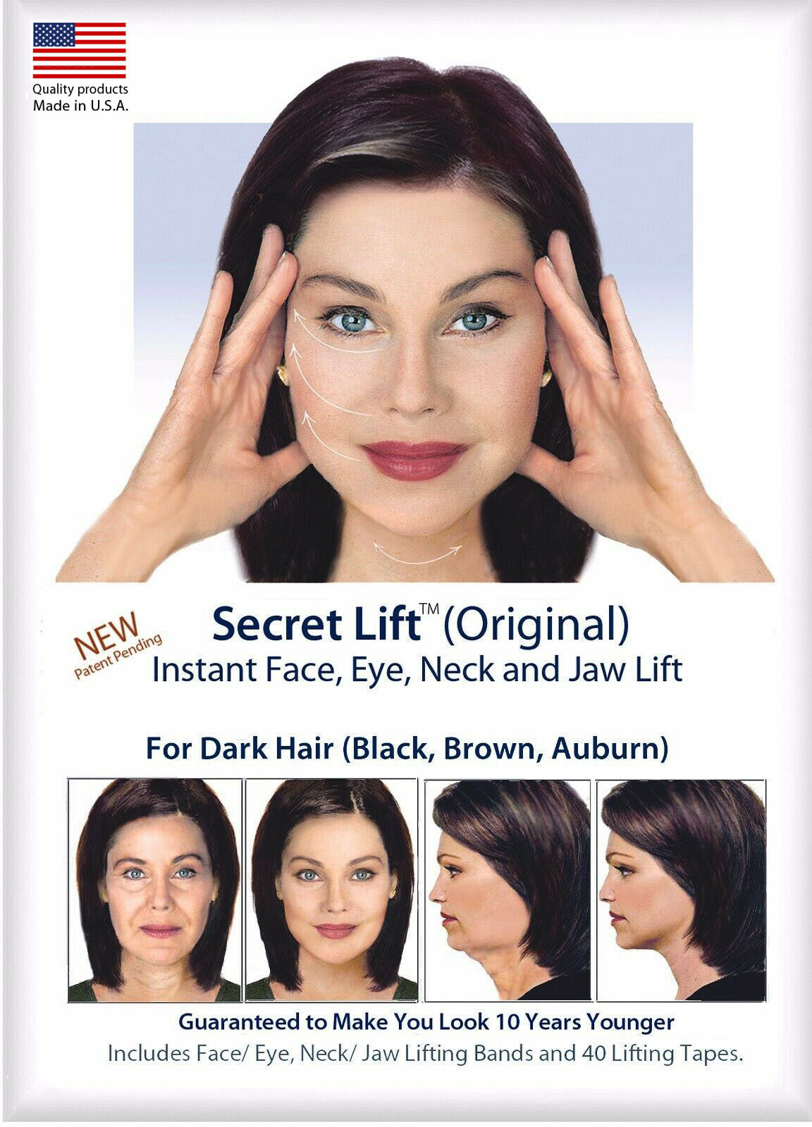 Instant Face, Neck & Eye Lift Tape & Bands for Sagging Skin - Dark Hair Version