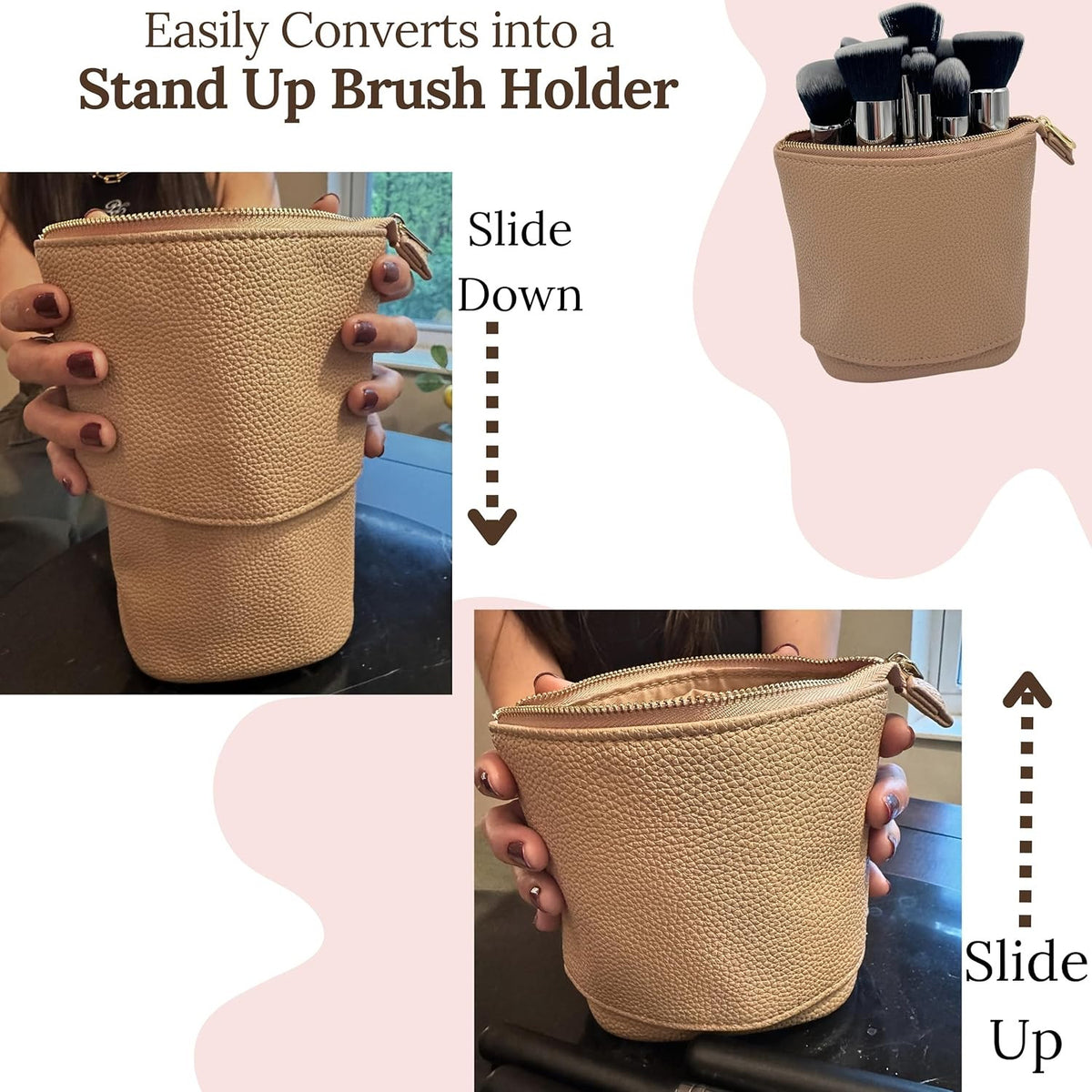Travel Makeup Brush Holder Bag - 2-in-1 Stand-Up Cosmetic Pouch, Water-Resistant, Black