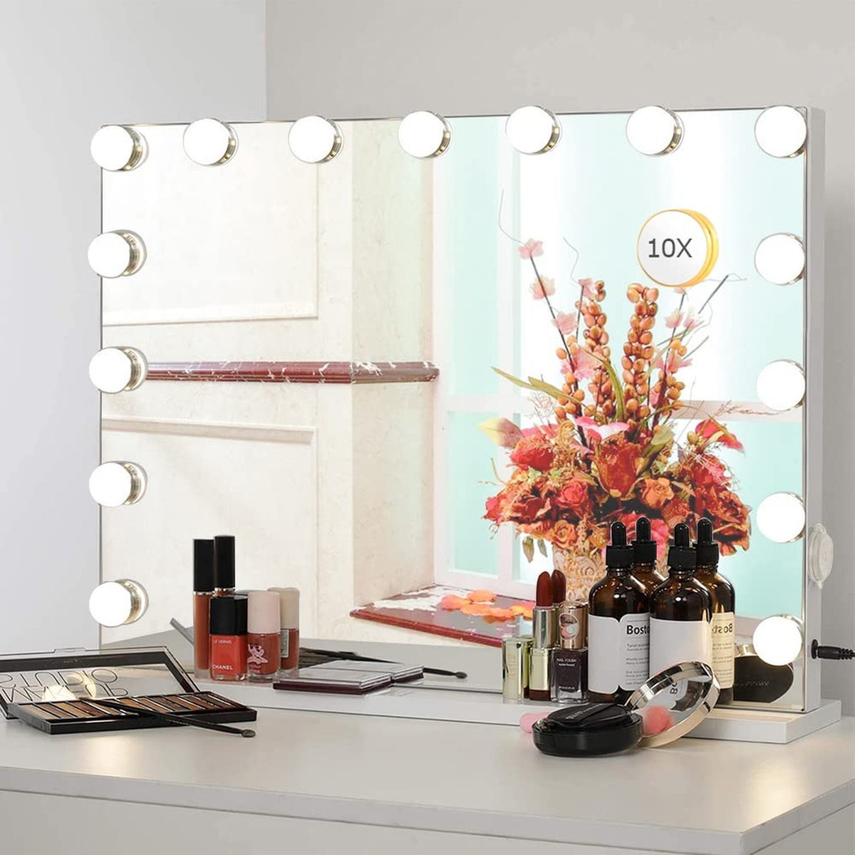 Large Hollywood Lighted Makeup Mirror with Dimmable LED & 10X Magnification