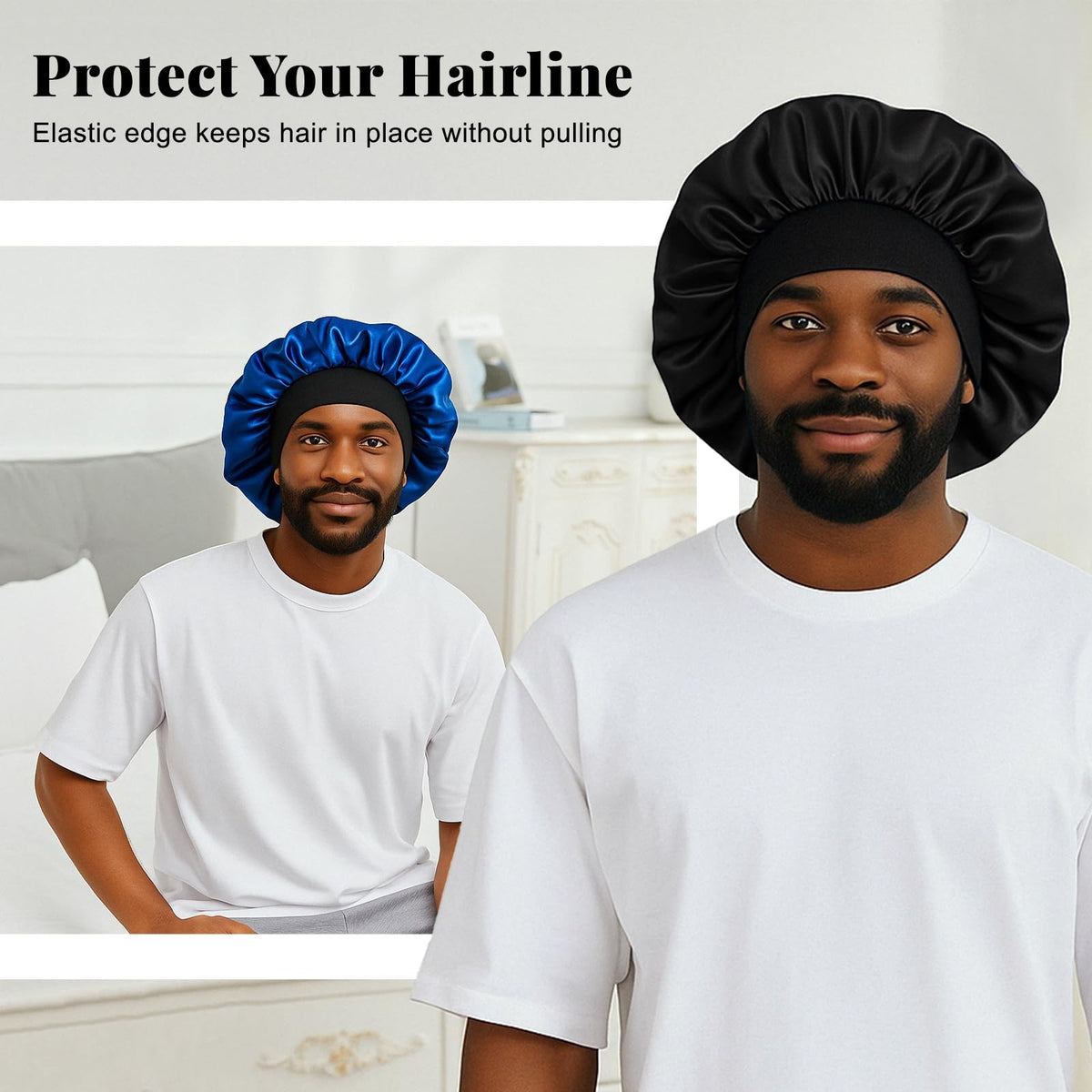 ZHENSILK 2PCS Silk Satin Bonnet for Men 14.2 Inch, Color-a Black+blue