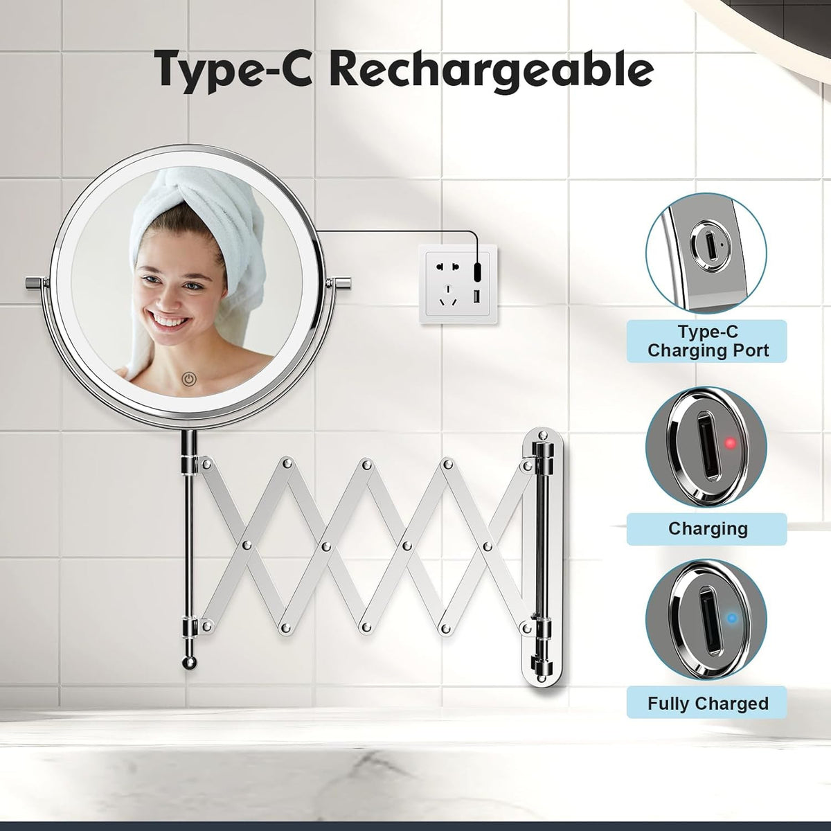 Rechargeable Wall Mounted Makeup Mirror with Lights 8 Inch Double Sided 1X/10X Magnification
