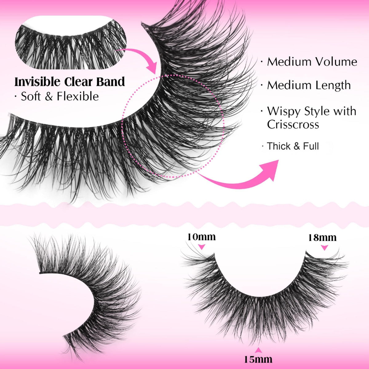 Wispy Faux Mink False Eyelashes with Clear Band - 7 Pairs, Black