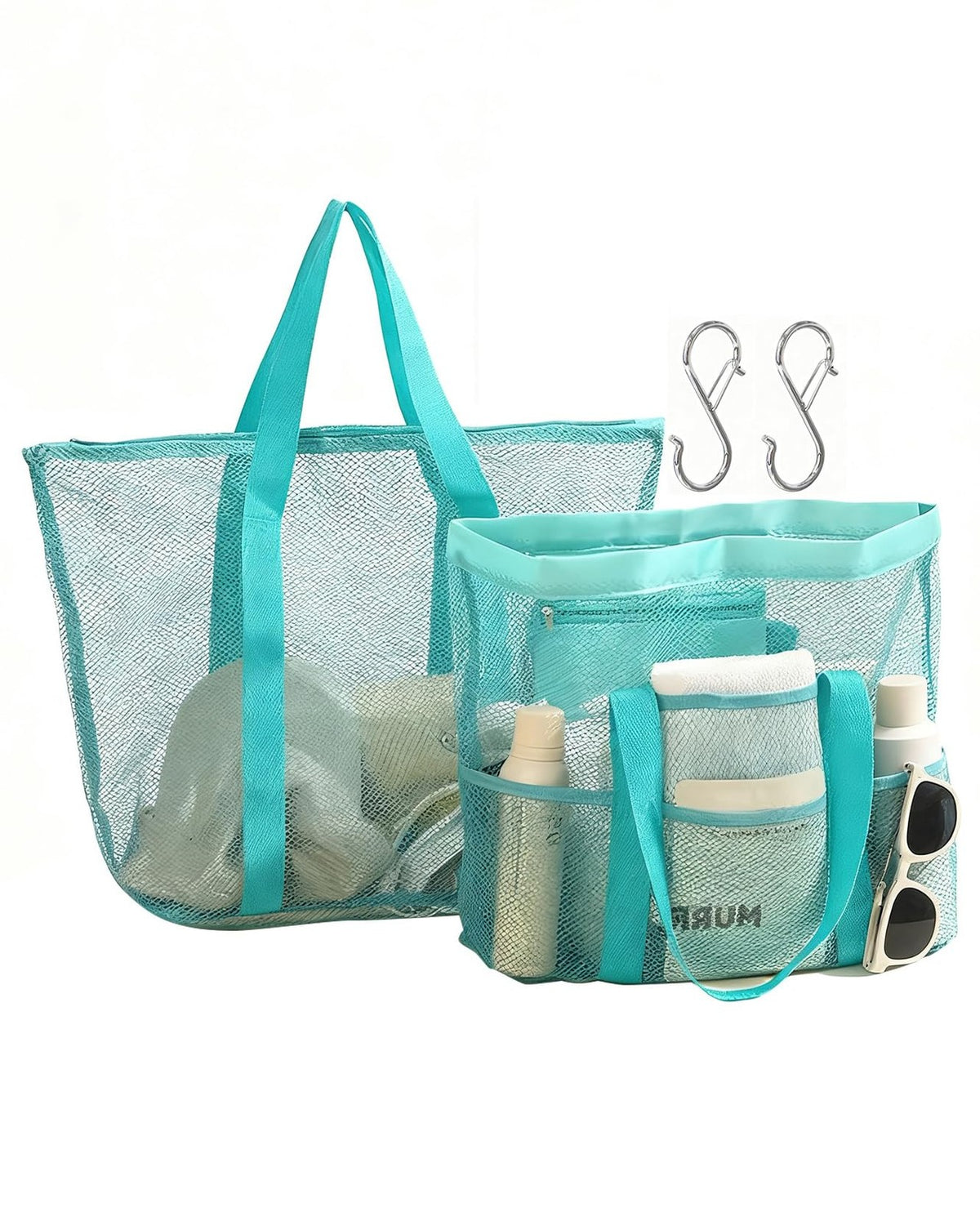 Large Mesh Beach Bag with Multiple Pockets and Zipper - 2 Pack