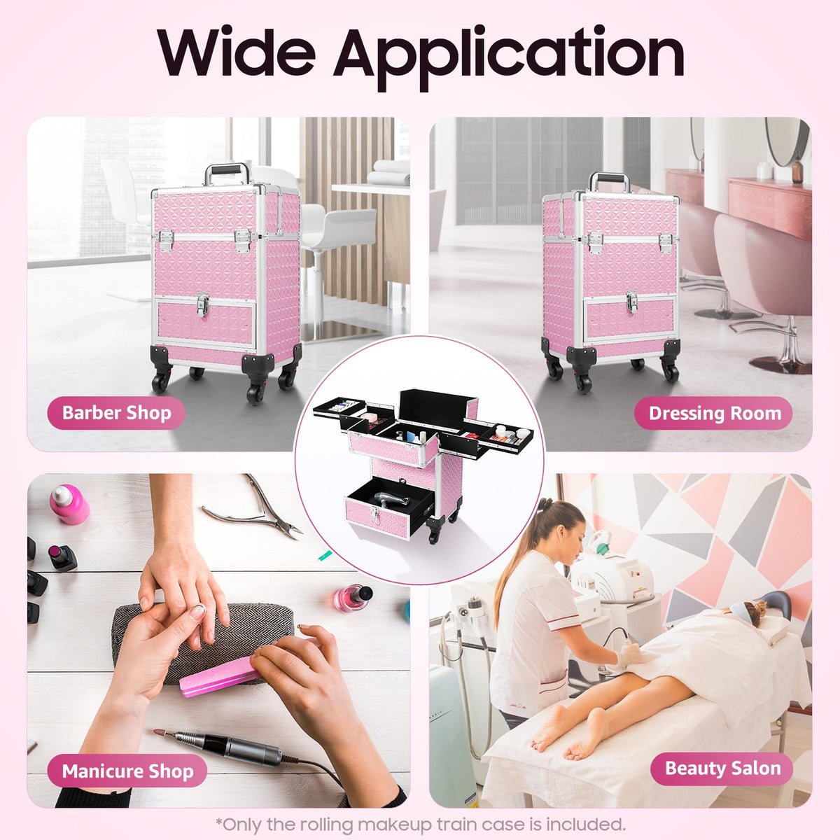 Pink Rolling Makeup Train Case with 7 Compartments and Lockable Drawers