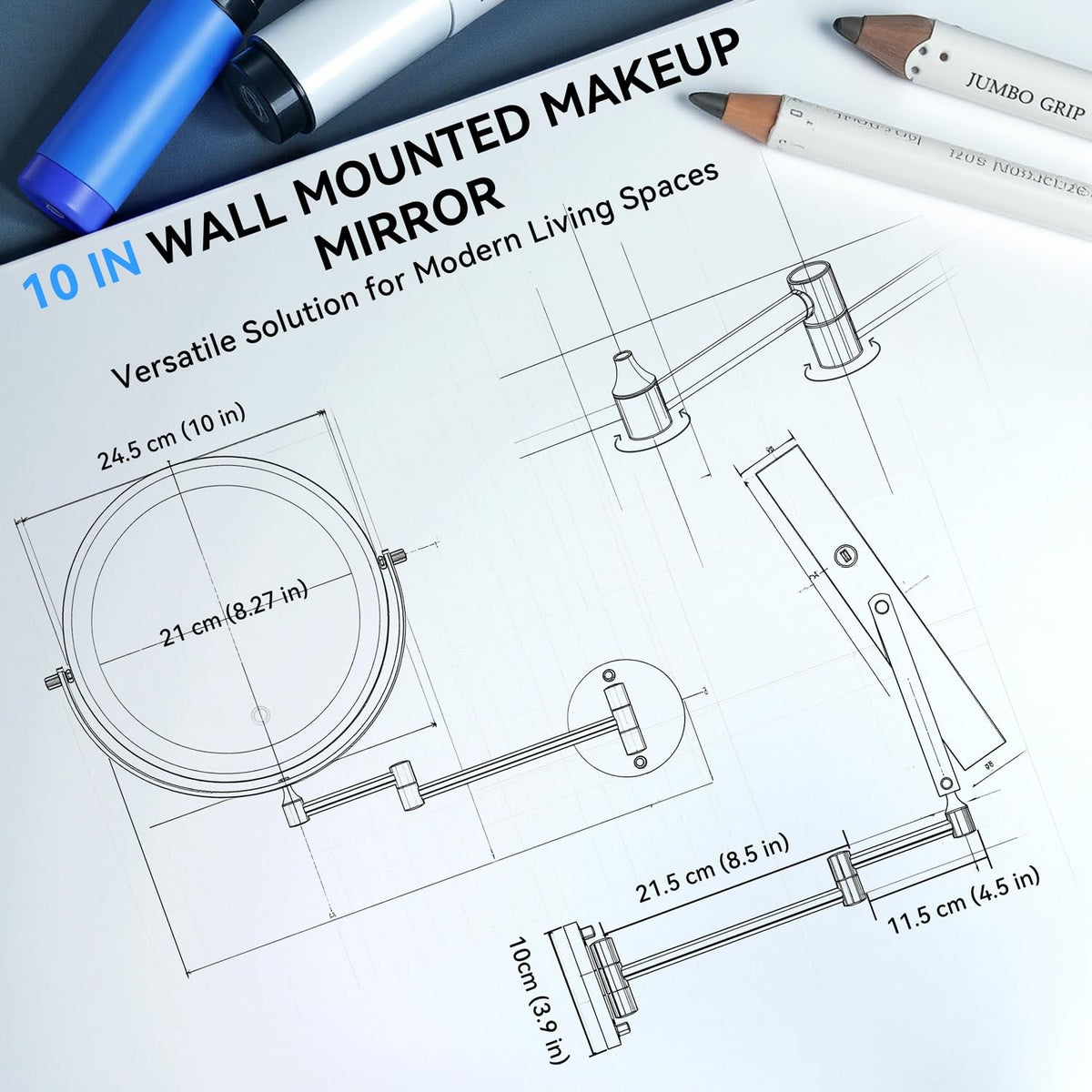 10-Inch Wall Mounted Lighted Makeup Mirror with 30X Magnification and Rechargeable LED