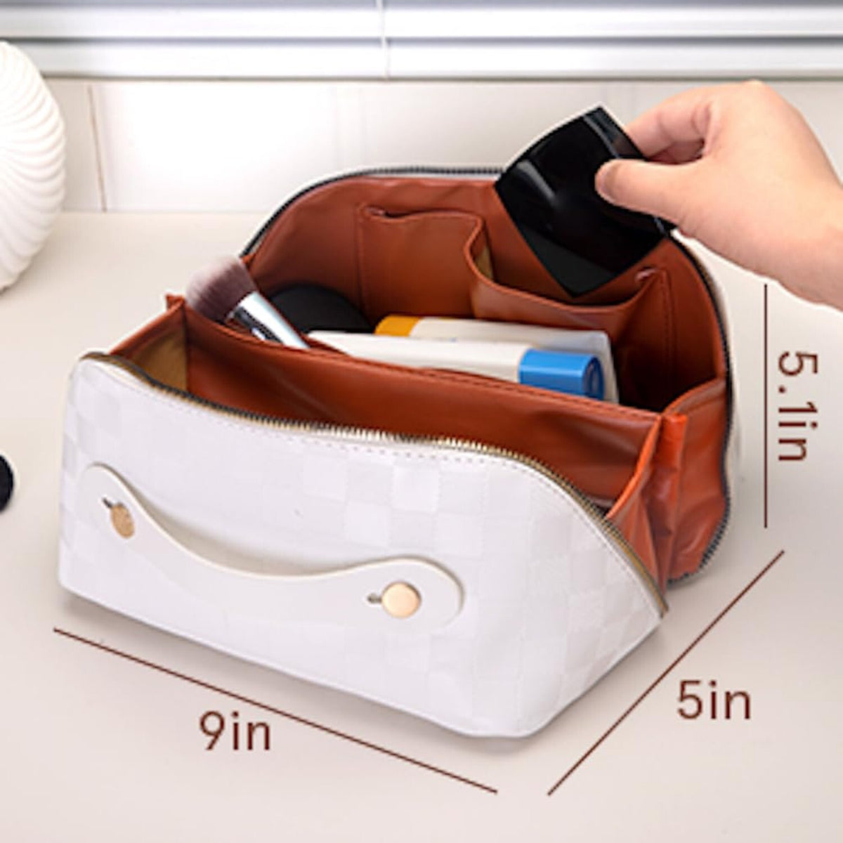 Large Capacity Travel Makeup Bag with Divider & Waterproof PU Leather