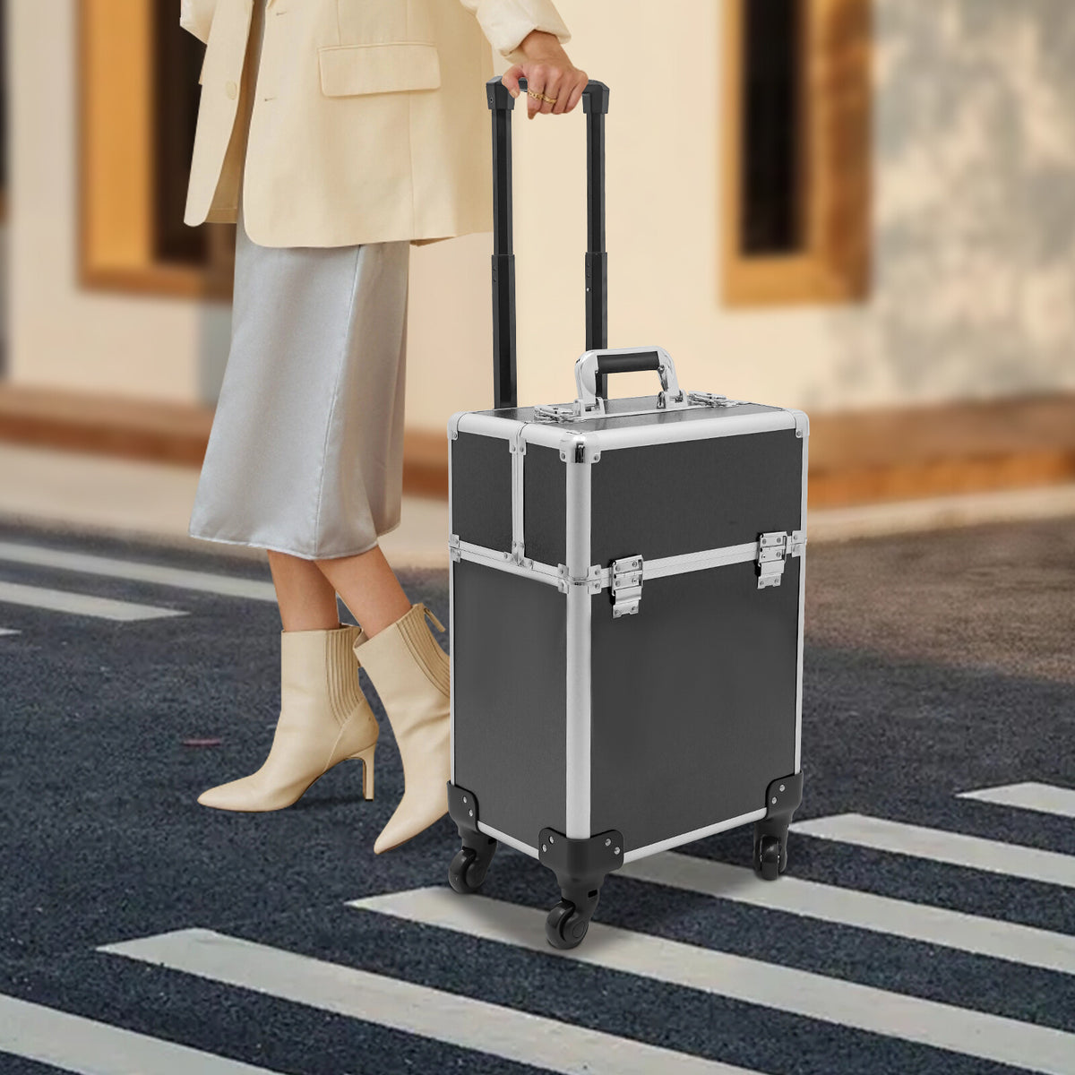 Rolling Makeup Train Case Cosmetic Trolley with Wheels Black