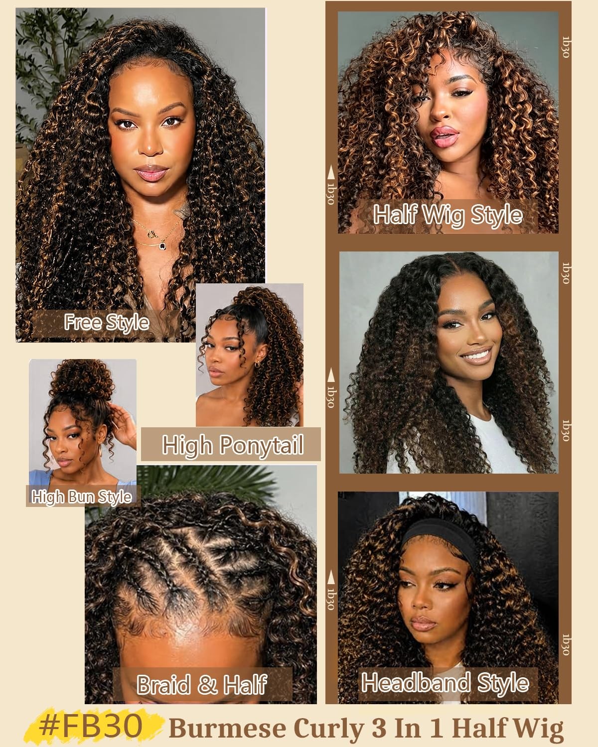Burmese Curly Half Wig 26 Inch Ombre Auburn Human Hair Natural Look