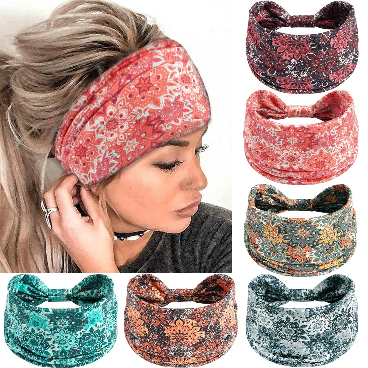 6 Pack Boho Flower Print Headbands for 1 Count (Pack of 6), Vintage
