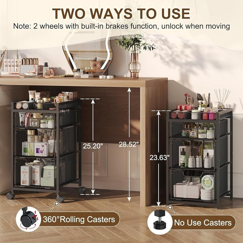 3-Drawer Rolling Makeup Organizer Cart with Dividers - Black