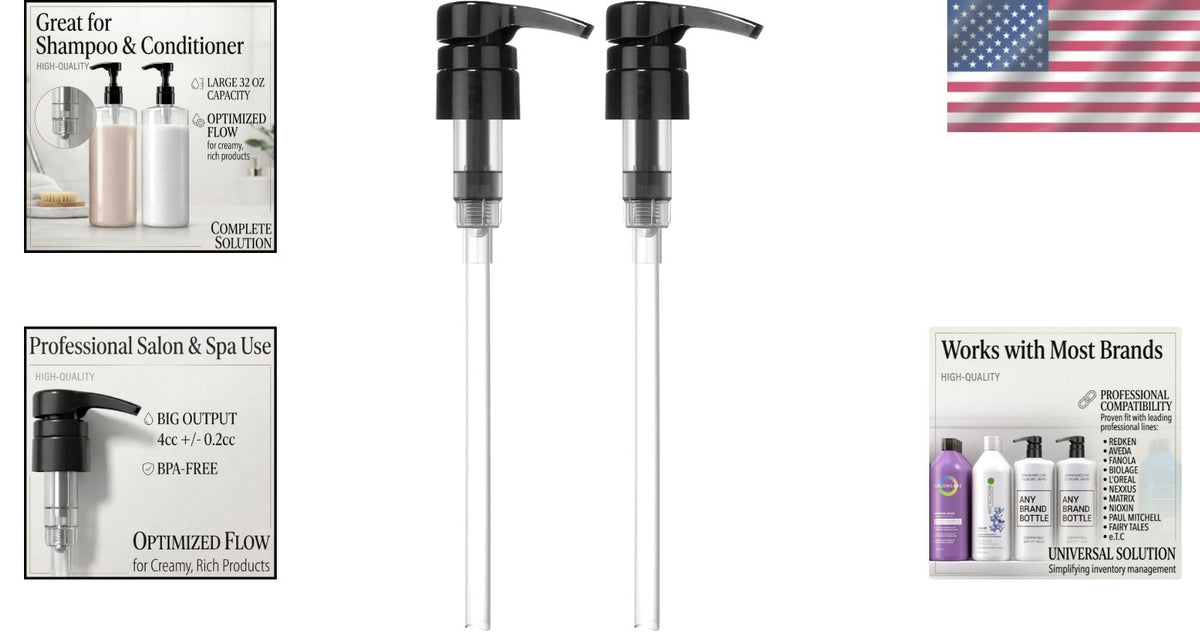 Salon-Quality Pump Dispensers for Shampoo & Conditioner Bottles - Black, 2 Pack