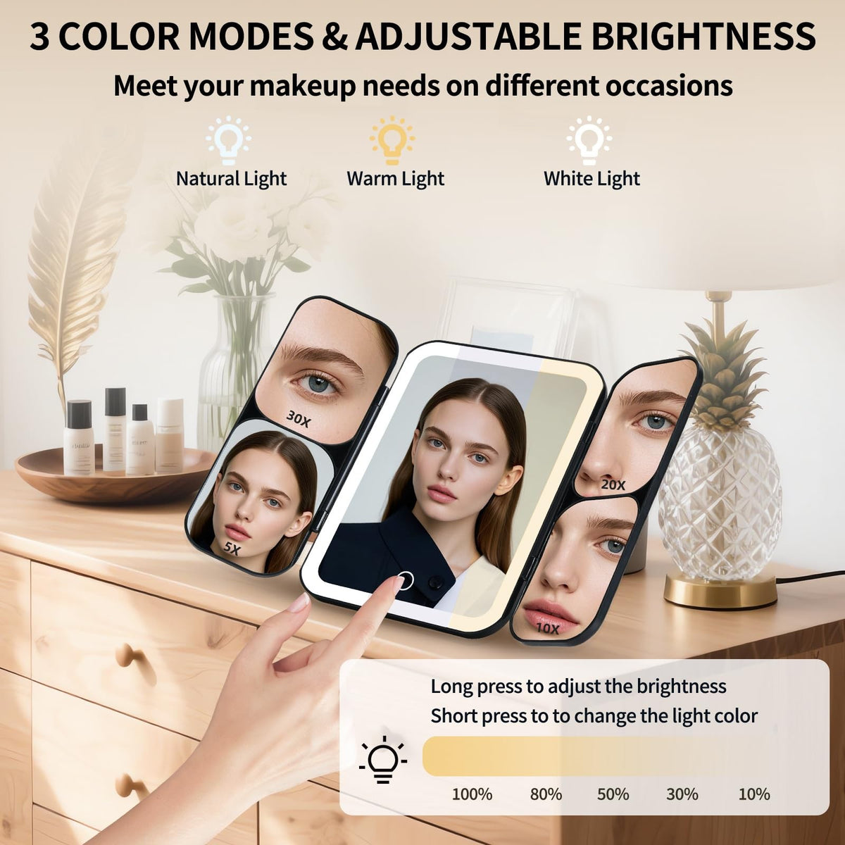 Rechargeable Travel Makeup Mirror with 5X-30X Magnification, Dimmable Light, Tri-Fold Design