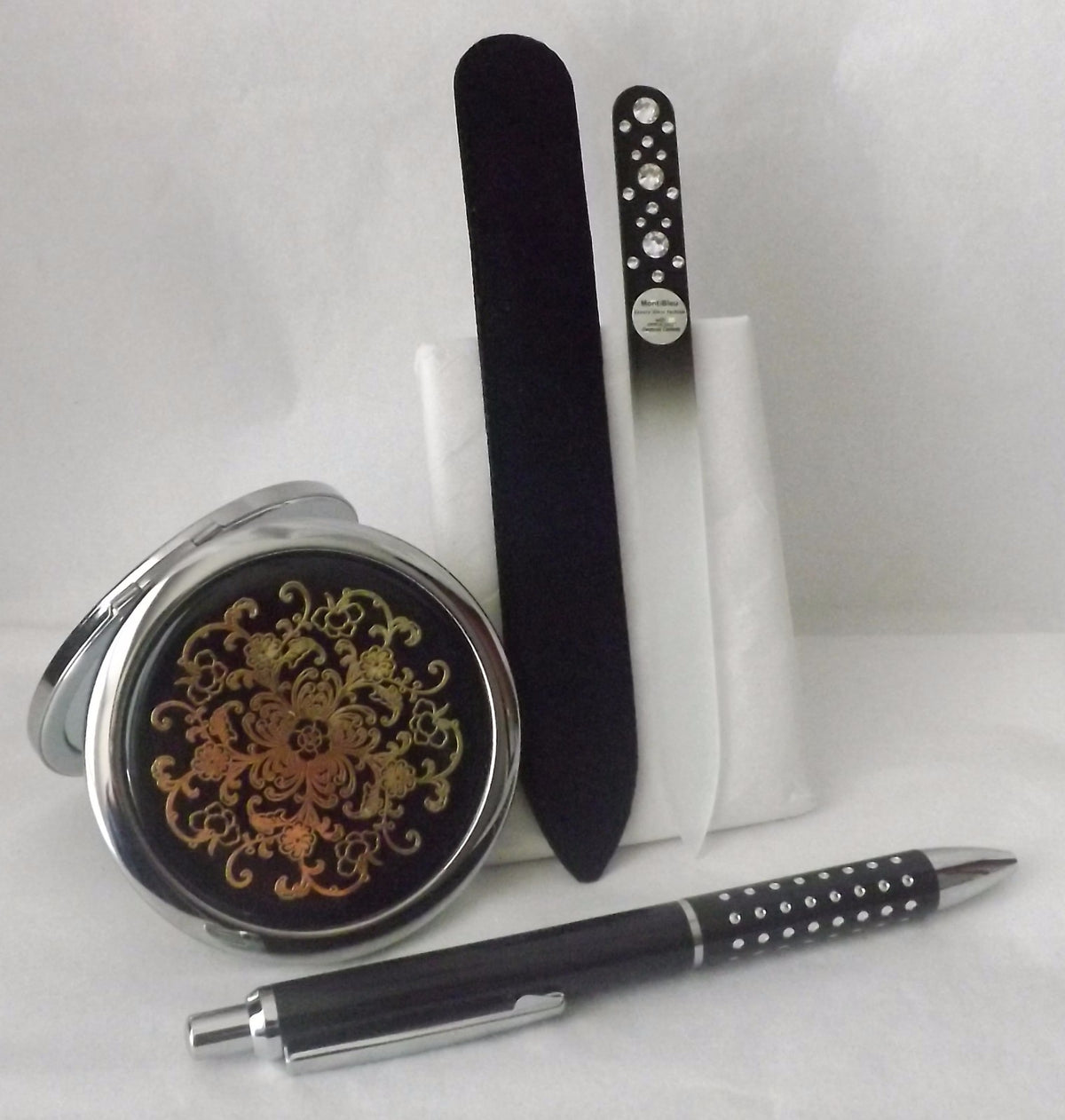 Dual Sided Compact Mirror with Pen & Czech Glass Nail File Gift Set