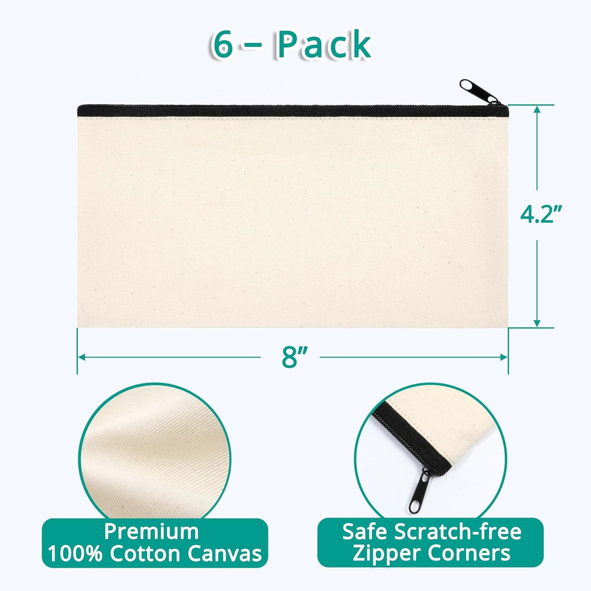 6-Pack Small Canvas Zipper Pouches - 8 x 4.2 Inch Travel & Craft Organizer